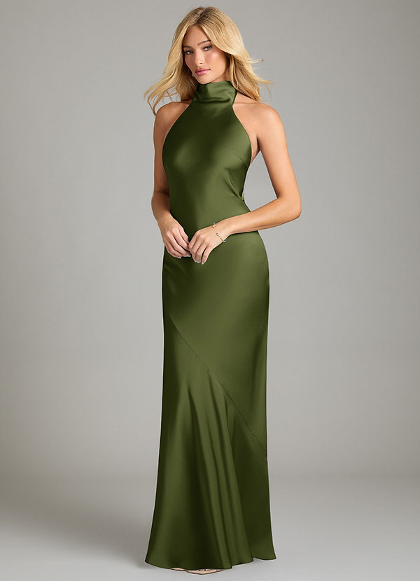 Azazie Velli Vestidos Dama de Honor Vestido de Oliva de Satén Elástico de Corte Sirena con Cuello Alto image1