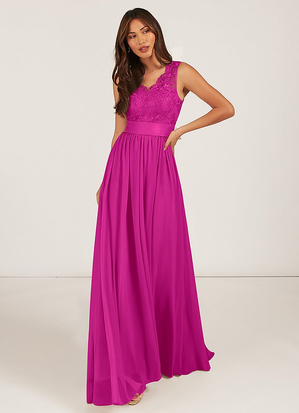 Azazie Gertrude Bridesmaid Dresses Fuchsia A-Line Lace Chiffon Dress image1