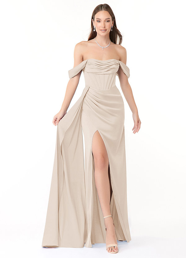 Azazie Amyra Robes Demoiselle d'honneur Robe Fourreau Convertible en Satin extensible Épaule décolletée Albâtre Blanc image1