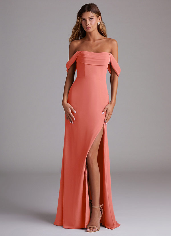 Azazie Saige Vestidos Dama de Honor Vestido de Rosa Salmón de Gasa de Corte en A Convertible con Vestidos sin tirantes image1