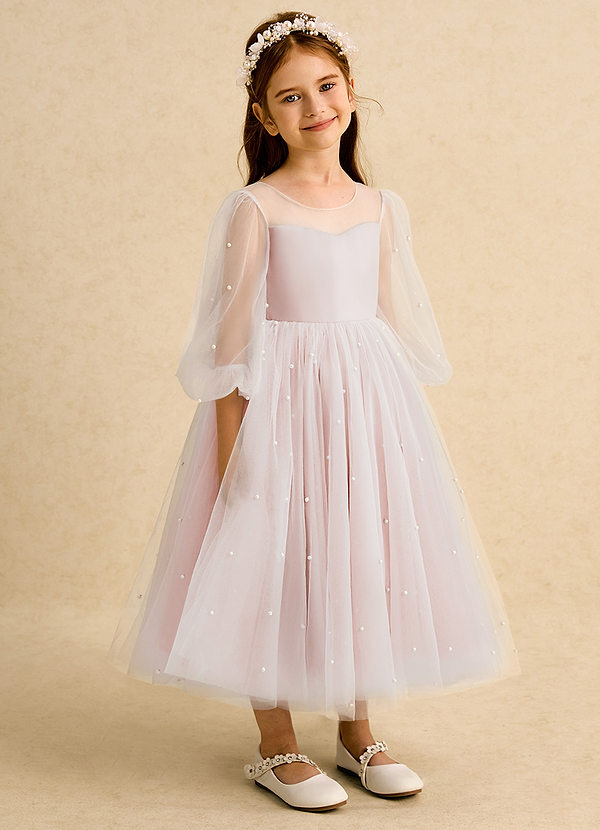 Azazie Trudy Flower Girl Dresses Blushing Pink Ball-Gown Sweetheart Neckline Tulle Dress image1
