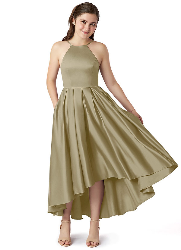 Azazie Jemima Junior A-Linie mit Taschen Stretch-Satin Kleid Moosgrün image1