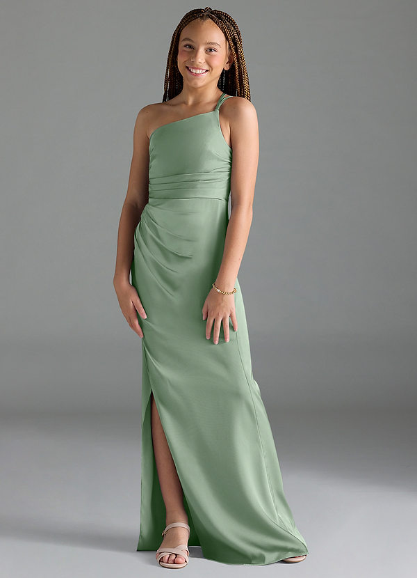 Azazie Eren Junior Matcha Sheath Pleated Stretch Satin Dress image1