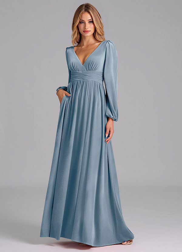 Azazie Norah Bridesmaid Dresses Dusty Blue A-Line Long Sleeve Velvet Dress image1