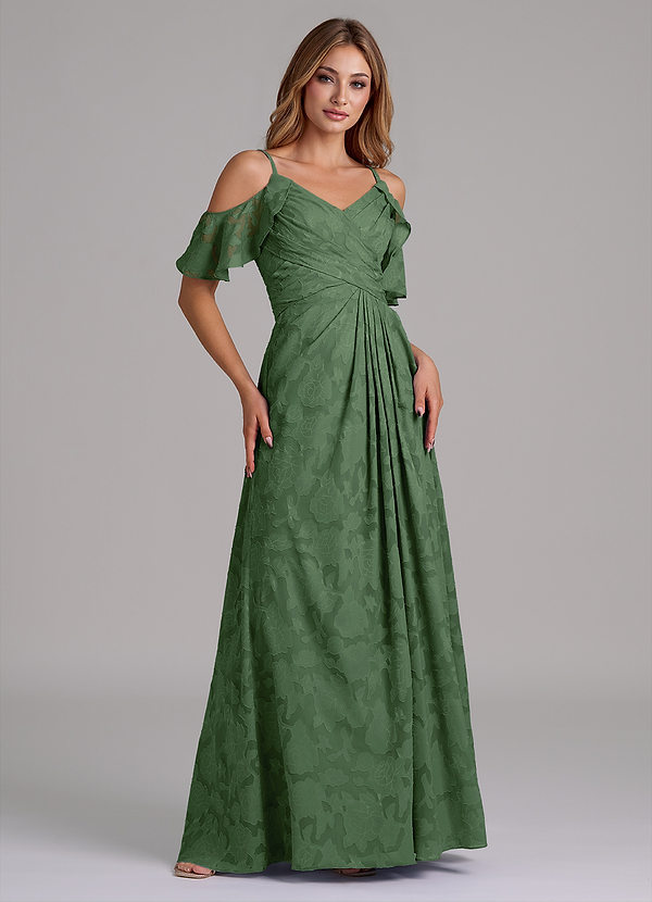 Azazie Dakota Abiti da Damigella Abito A-Line in Burnout Floreale a Spalla Scoperta Eucalipto image1