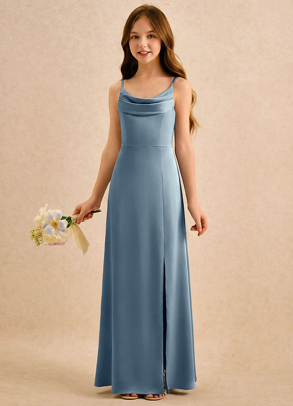 Azazie Shira Girls Formal Flower Girl Dresses Dusty Blue A-Line Pleated Stretch Satin Dress image1