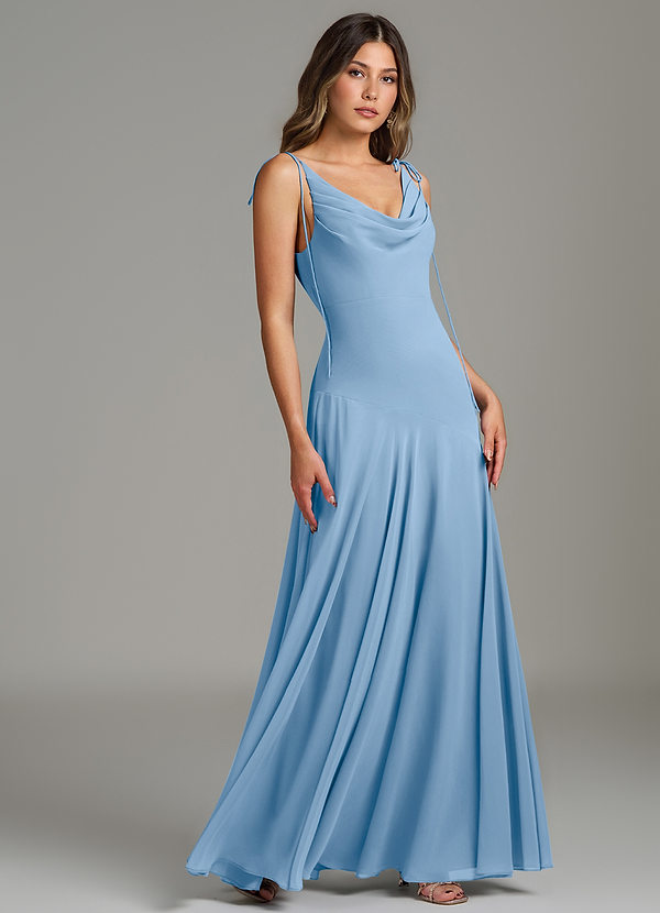 Azazie Dawn Vestidos de Dama de Honor Vestido Pó Azul de Chiffon de sereia com Plissado image1