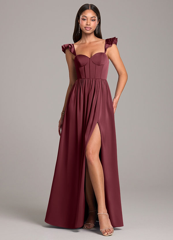 Azazie Denisse Abiti da Damigella Abito A-Line in Raso Elasticizzato Increspato Merlot image1