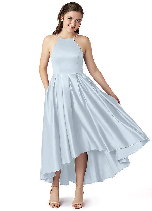 Azazie Jemima A-Line Matte Satin Asymmetrical Junior Bridesmaid Dress with Pockets image1