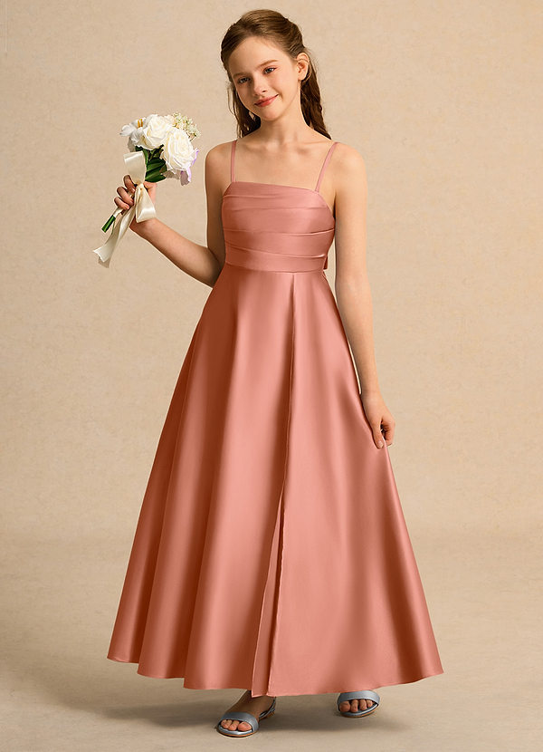 Azazie Pebbles Junior Formal Bloemenmeisjes Jurken A-Lijn Jurk van Mat Satijn Geplooid Meer Gesneden image1