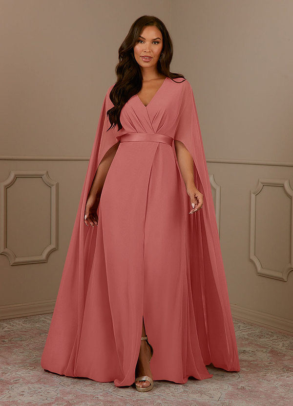 Azazie Isa Robe Mère de la Mariée & du Marié Robe Trapèze en Mousseline de soie Col V plissé Antique Rose image1