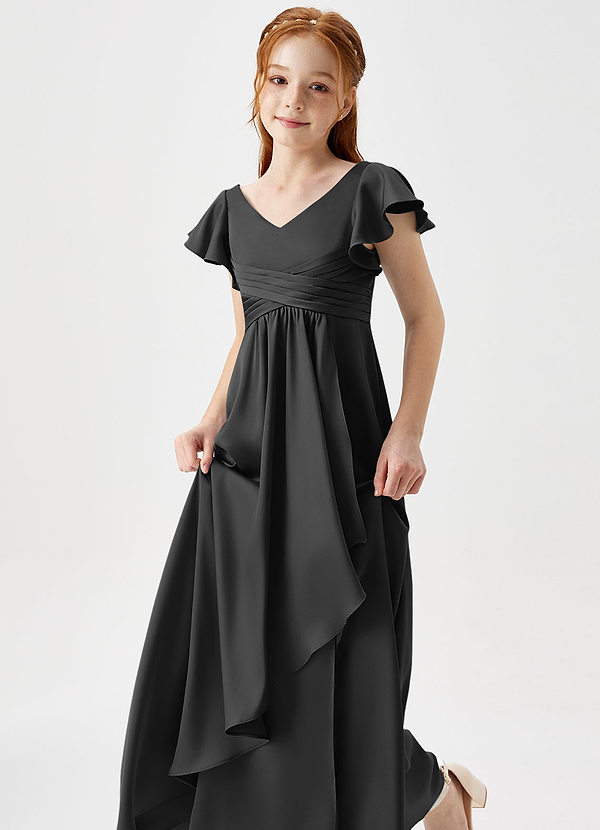 Azazie Omari Junior Black A-Line Pleated Stretch Satin Dress image1