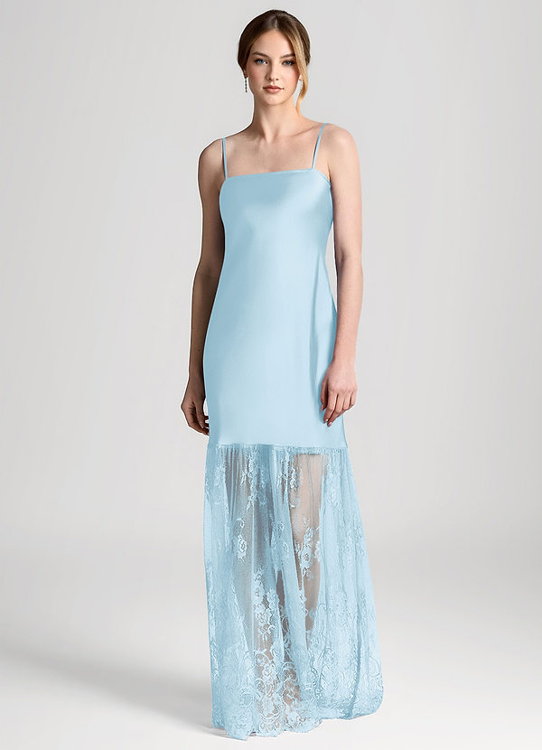 front Sky Blue Satin Lace Maxi Slip Dress