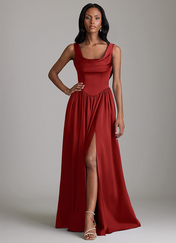 Azazie Novi Bridesmaid Dresses Pomegranate A-Line with Pockets Stretch Satin Dress image1