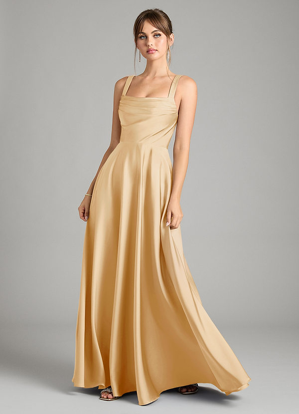 Azazie Shaude Bridesmaid Dresses Gold A-Line Pleated Stretch Satin Dress image1