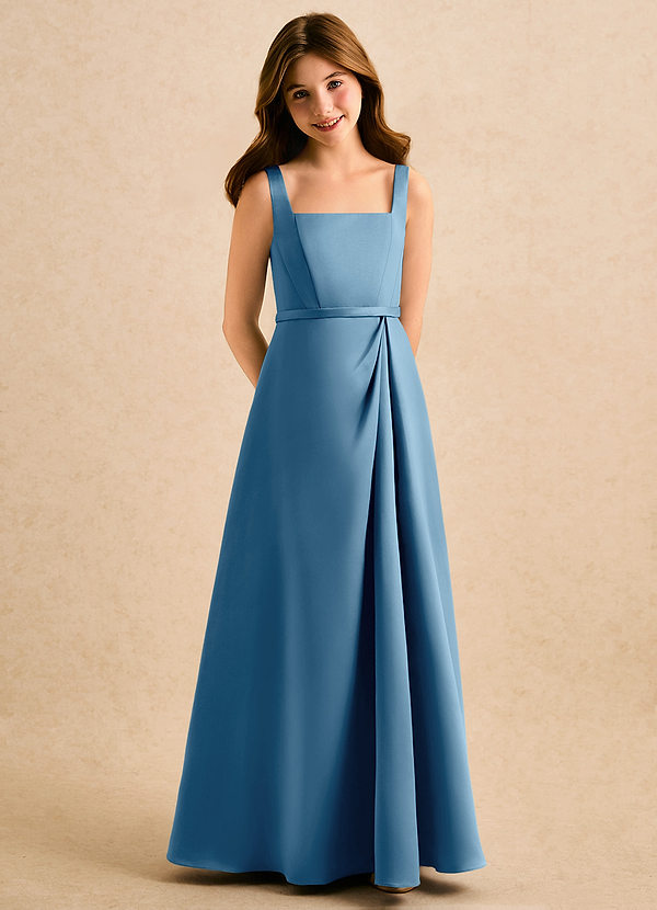 Azazie Emiko Girls Formal Bloemenmeisjesjurken A-Lijn Jurk van Mat Satijn Geplooide Staal Blauw image1