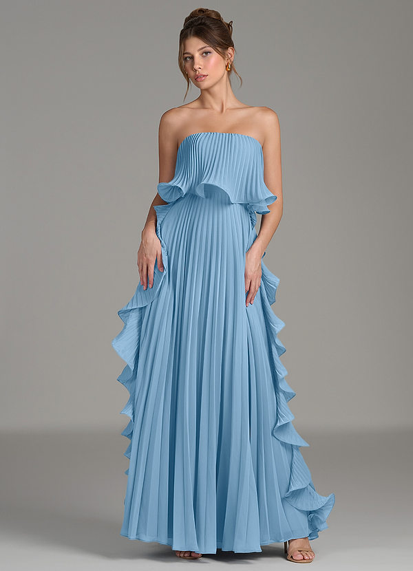 blue ruffle bridesmaid dress Azazie A-Line Strapless Floor-Length Chiffon Dresses The Romance Ruffle Dress colourway-honeymaxi Guide Lou: How to Size:Pre-order 5-6 years