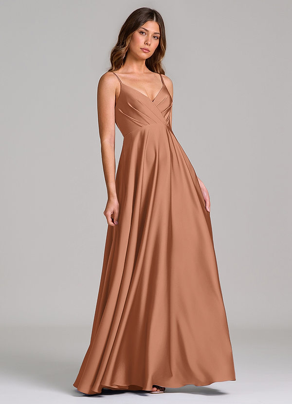 Azazie Amani 신부 들러리 드레스 A라인 주름진 스트레치 새틴 바닥 길이 드레스 image1