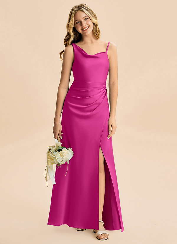 Azazie Abby Junior Fuchsia A-Line Pleated Stretch Satin Dress image1