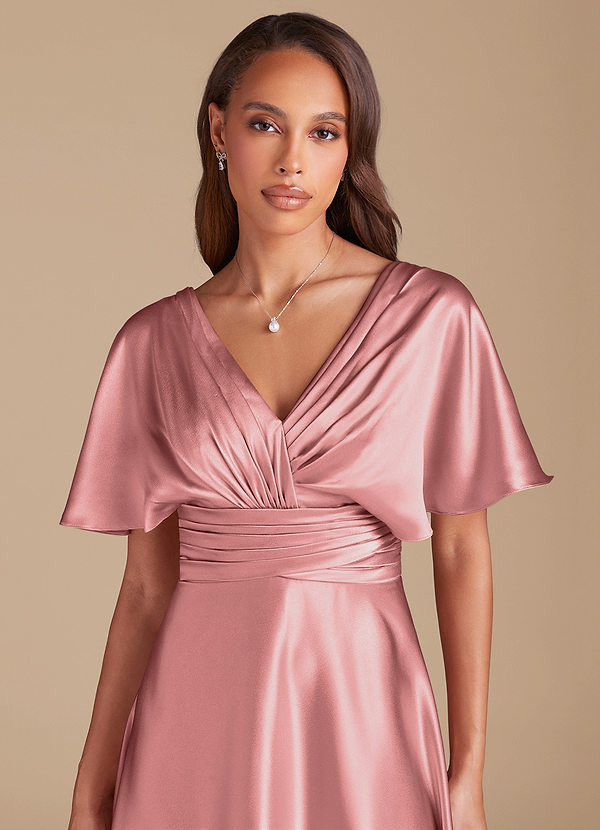 Azazie Pamela Bridesmaid Dresses Rosette A-Line Pleated Metallic Satin Dress image1