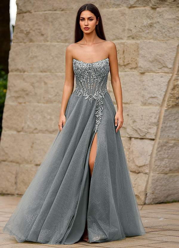Brilliance Silver A-line Glitter Tulle Prom Dress with Sequin Applique image1