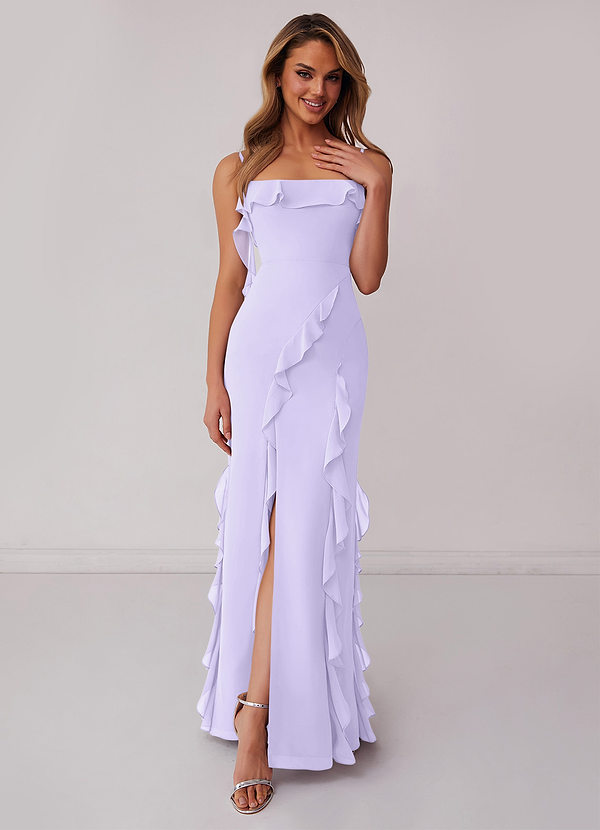 Barbie ♥ Azazie Robes Demoiselle d'honneur Robe colonne à volants en mousseline avec fente sur la jambe image1