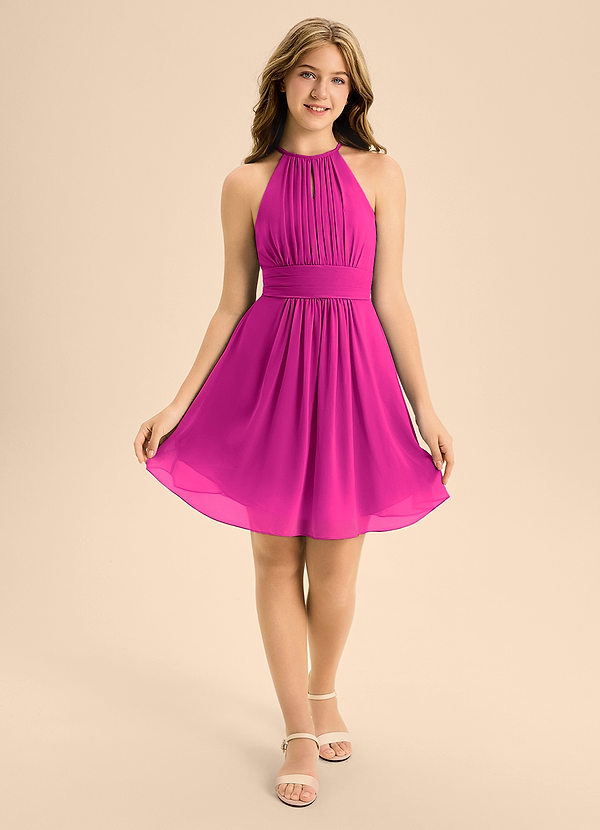Azazie Bonnie Junior Fuchsia A-Line Pleated Chiffon Dress image1
