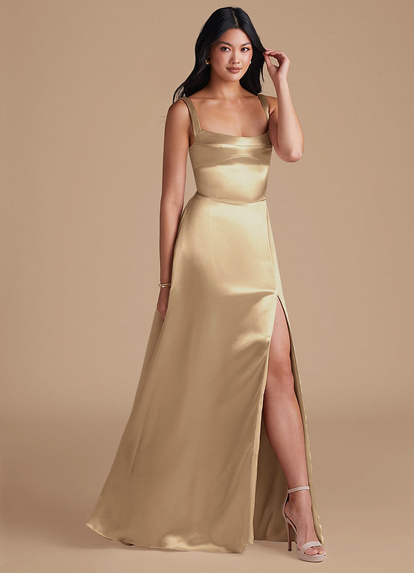 Azazie Hope Bridesmaid Dresses Champagne A-Line with Pockets Metallic Satin Dress image1