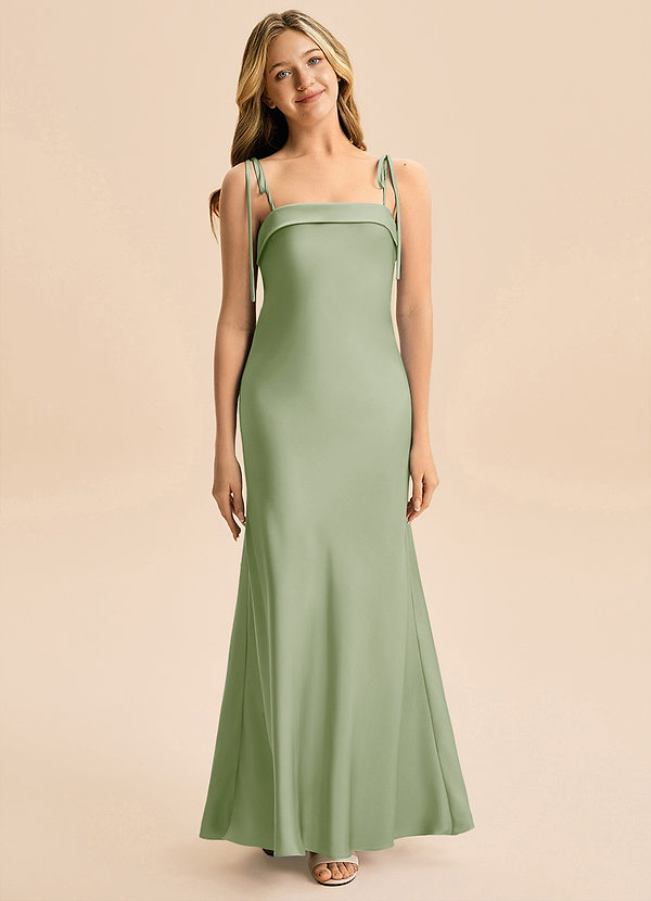 Azazie Willa Junior Dusty Sage A-Line Bow Stretch Satin Dress image1