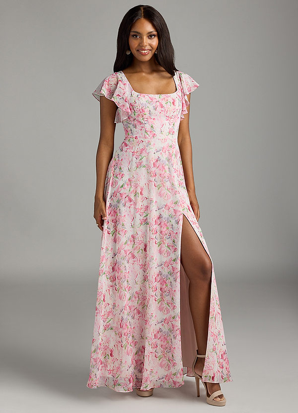 Azazie Bondi Bridesmaid Dresses Abstract Watercolor Floral A-Line Ruffled Chiffon Dress image1