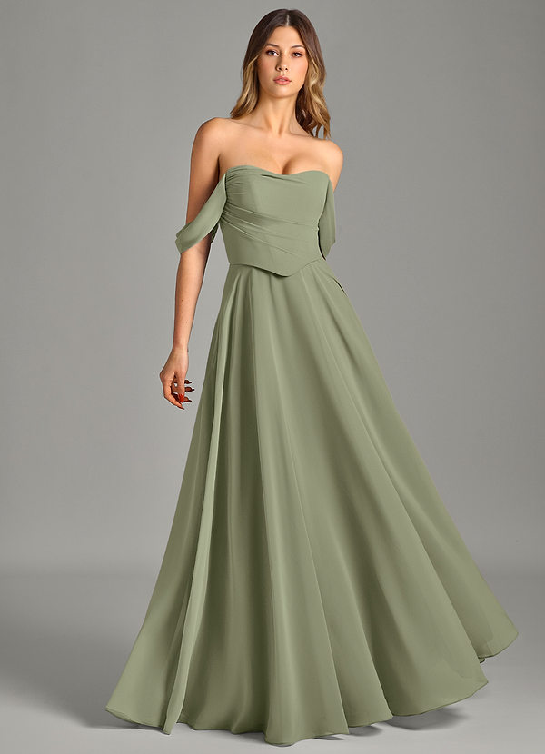 Azazie Chelsey Abiti da Damigella Abito Convertibile A-Line in Chiffon a Spalla Scoperta Pistacchio image1