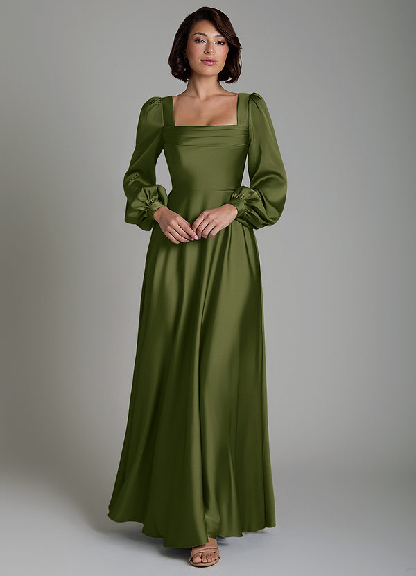 Azazie Solana Robes de demoiselle d'honneur Robe Trapèze en Satin extensible Manches longues Olive Vif image1
