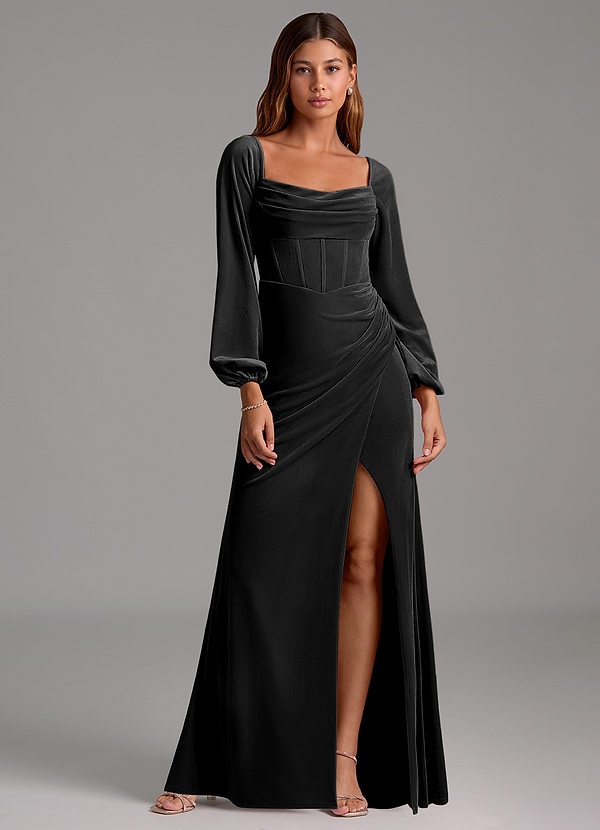 Azazie Charissa Bridesmaid Dresses Vestido Preto de Veludo de Bainha com Manga comprida image1