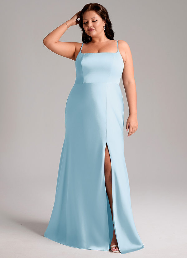 Azazie Lidia Bridesmaid Dresses Sky Blue Mermaid Side Slit Stretch Satin Dress image1