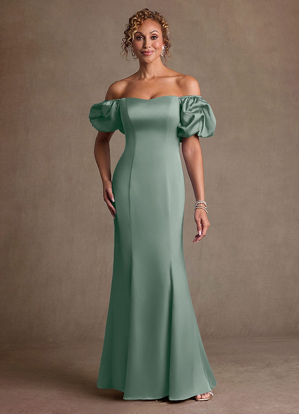 Azazie Redding Suknie dla Matki Panny Młodej Osłona Marszczony Satyna elastyczna Długość podłogi Sukienka image1