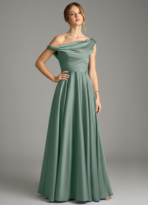 Azazie Xanthe Bridesmaid Dresses Silver Sage A-Line Off the Shoulder Stretch Satin Dress image1