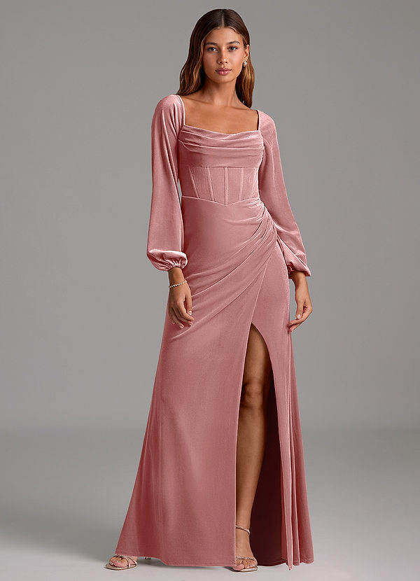 Azazie Charissa Brautjungfernkleider Etui Langarm Samt Kleid Altrosa image1