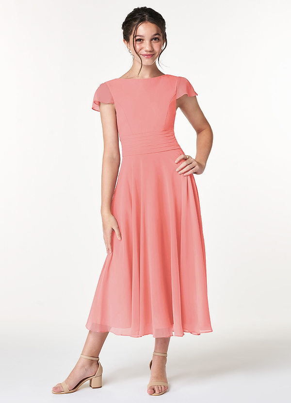 Azazie Payton Junior Coral A-Line Bow Chiffon Dress image1