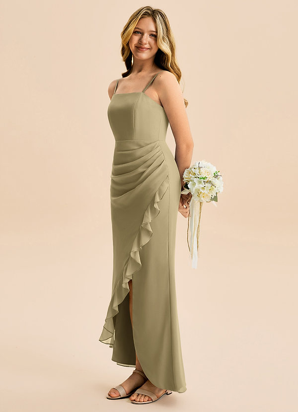 Azazie Buzzy Junior Moss Green Sheath Pleated Chiffon Dress image1