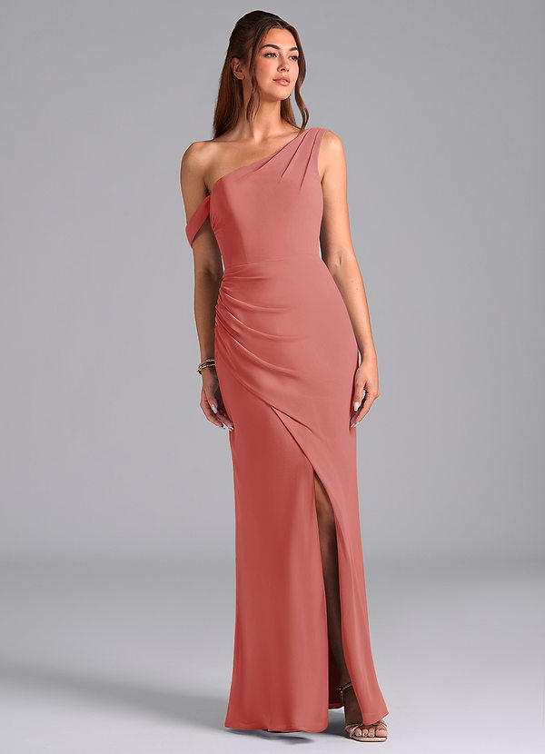 Azazie Madelyn Vestidos de dama de honor Vestido Rosa Antigua de Gasa de Corte Sirena Convertible con Un hombro image1