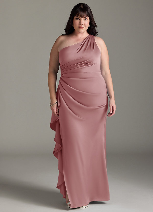 Azazie Latrice Bruidsmeisjes Jurken Jurk van Stretch Satijn met Kolom Eén schouder trapsgewijze ruches Stoffige Roos image1