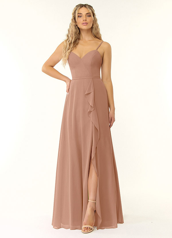 Azazie Naeem Bridesmaid Dresses Champagne Rose A-Line V-Neck Ruffle Chiffon Dress image1