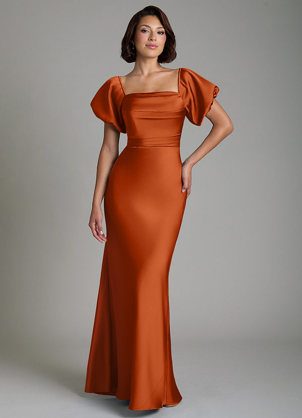 Azazie Lea Bridesmaid Dresses Burnt Orange Mermaid Off the Shoulder Stretch Satin Convertible Dress image1