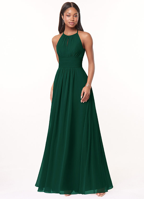 Azazie Bonnie Bridesmaid Dresses Emerald A-Line Keyhole Ruched Chiffon Dress image1