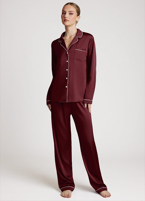 front Cabernet Long Sleeves and Pants Satin PJ Set