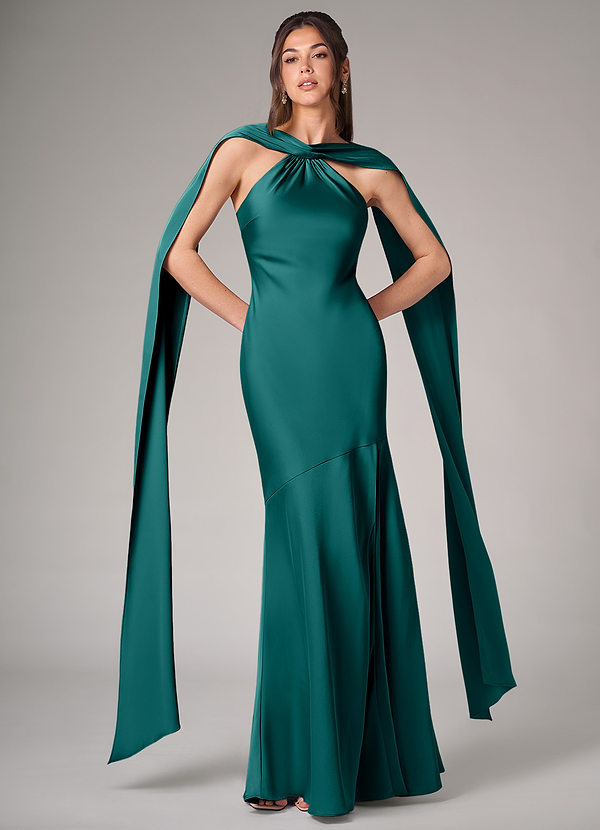 Azazie Kinsley Bridesmaid Dresses Peacock Mermaid Side Slit Stretch Satin Dress image1