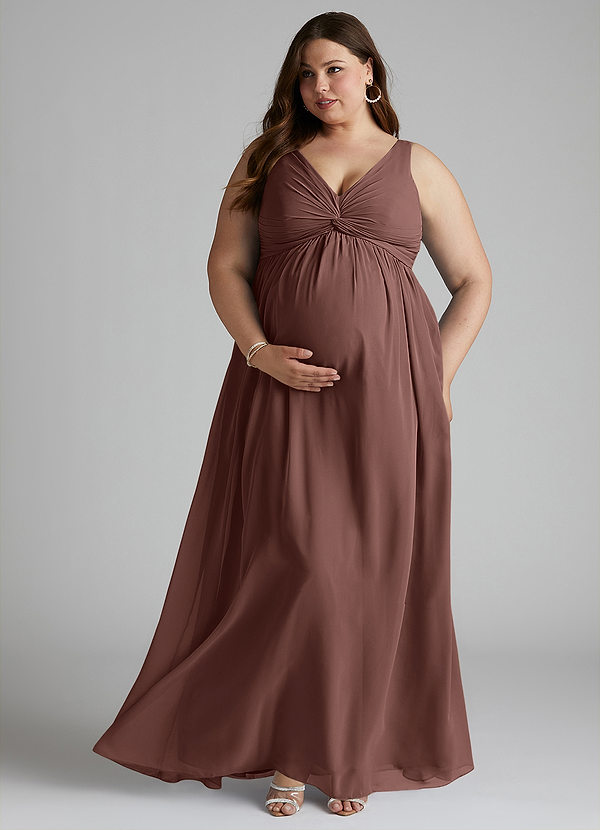 Azazie Yetta Maternity Bridesmaid Dresses A-Line V-Neck Gathered Chiffon Floor-Length Dress image1