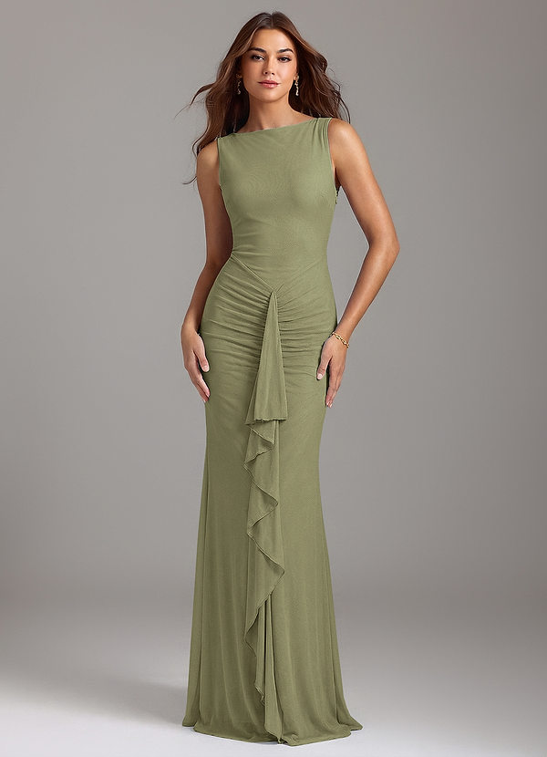 Azazie Noelle Bridesmaid Dresses Pistachio Mermaid Boatneck Mesh Dress image1