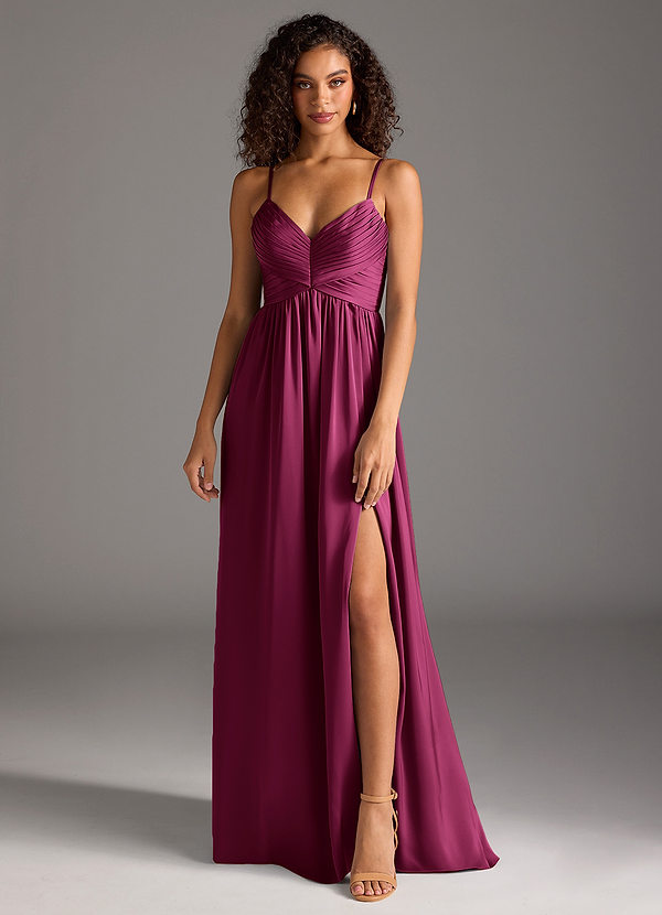 Azazie Alia Bridesmaid Dresses Red Plum A-Line Pleated Stretch Satin Dress image1
