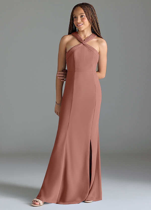 Azazie Rue Junior Robe Sirène en Mousseline de soie Fente Latérale Rose De Cèdre image1